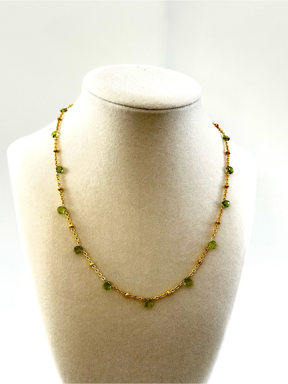 Delicate Gold Chain Necklace with Peridot heart briolettes